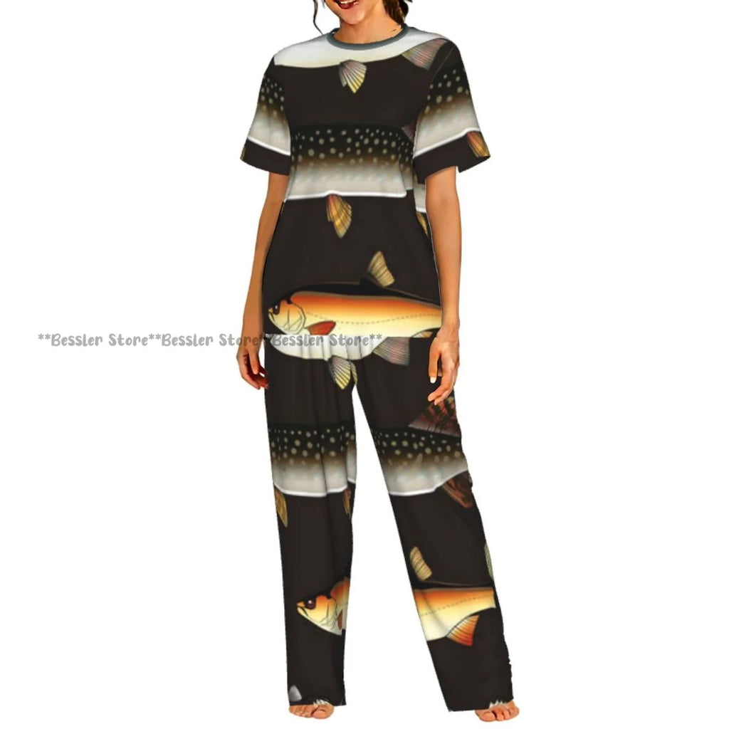 Women's Colorful Fish Pattern short sleeve trousers casual pajamas set