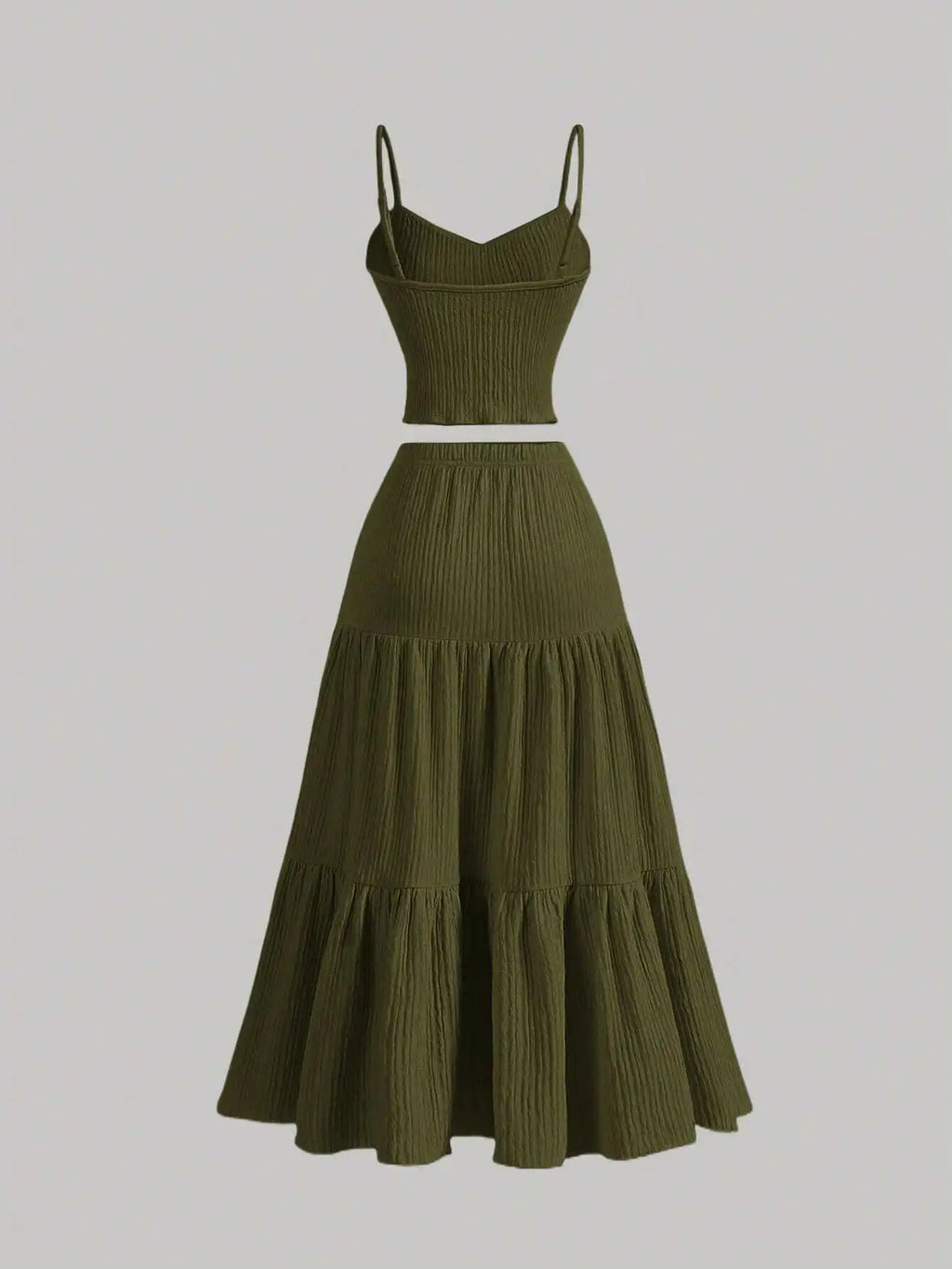 Women Summer Casual Solid Ribbed Camisole Top And Ruffle Hem A-Line Skirt Set