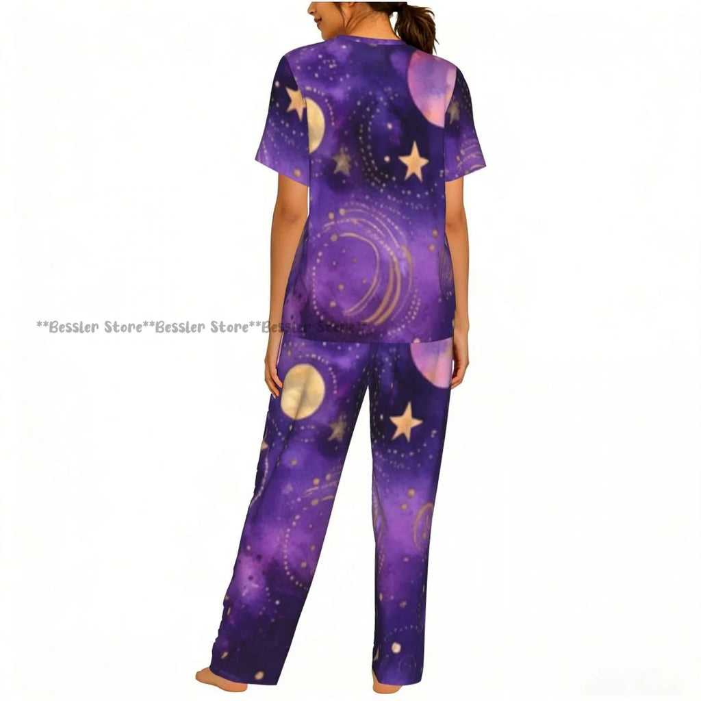 Women's 2-piece set Gold Stars And Planets Pajamas Short sleeved Top and Pants Sleepwear
