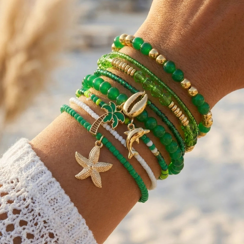 Multilayer Starfish Dolphin Shell Coconut Tree Bracelets For Women Men Imitation Pearl Flower Fish Tail Stackable Bangle Jewelry