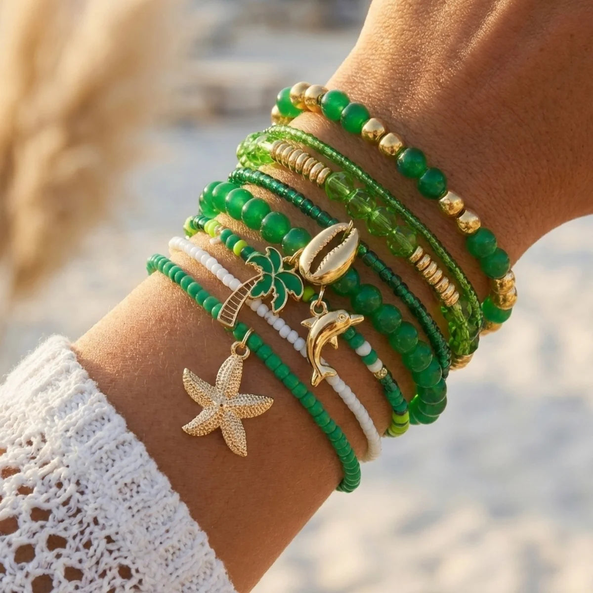 Multilayer Starfish Dolphin Shell Coconut Tree Bracelets For Women Men Imitation Pearl Flower Fish Tail Stackable Bangle Jewelry