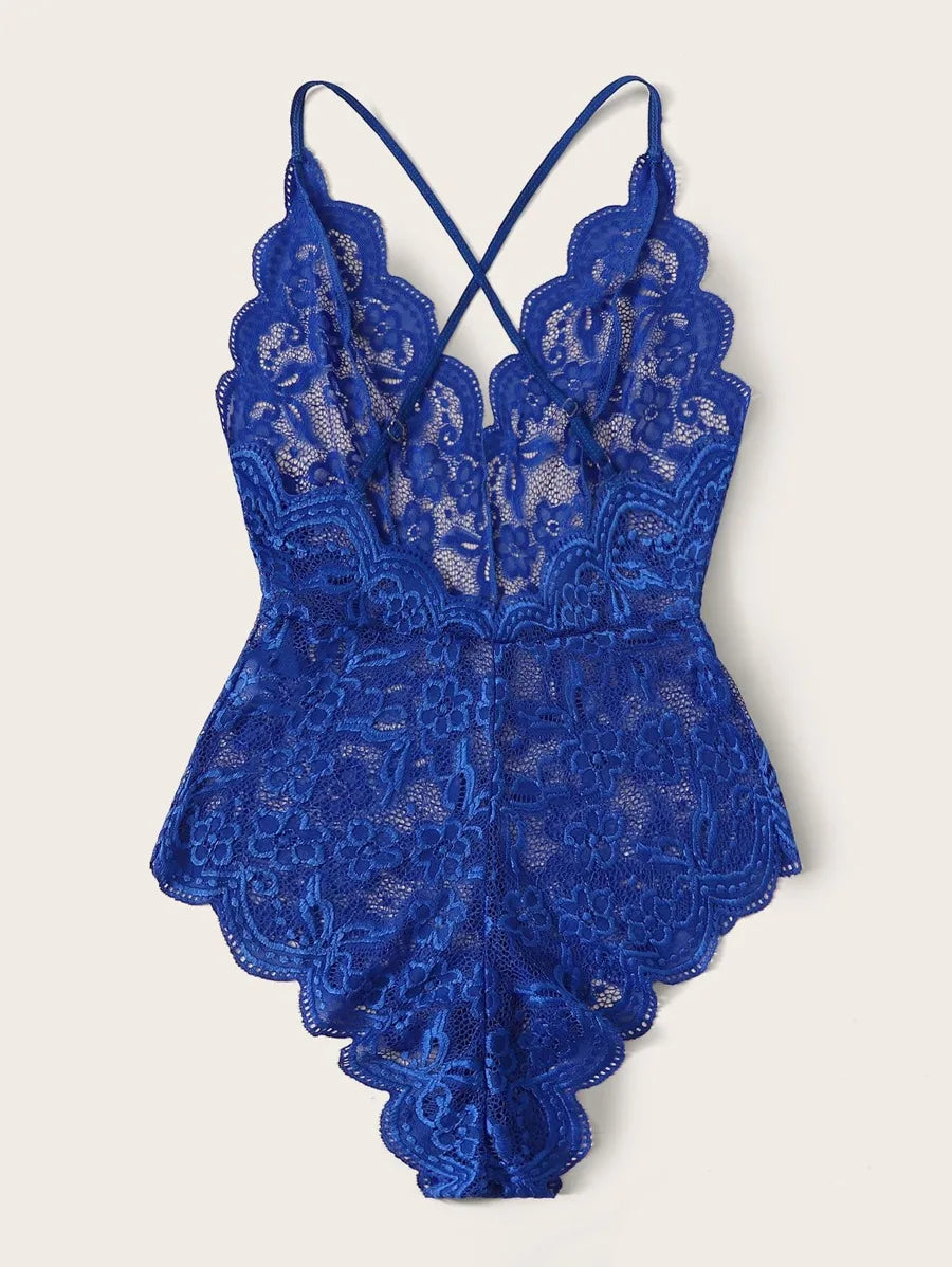 Royal Blue Floral Lace V-Neck Bodysuit with Criss-Cross Straps and Ruffle Hem