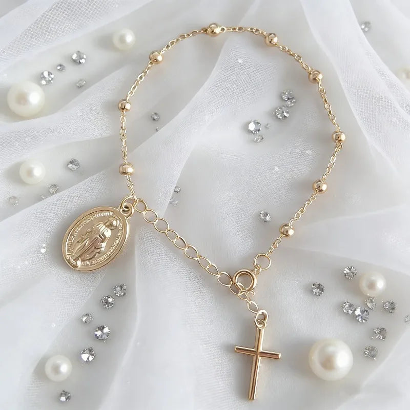Adjustable Beaded Bracelet Virgin Mary Cross European Style Minimalist Charm Jewelry Women