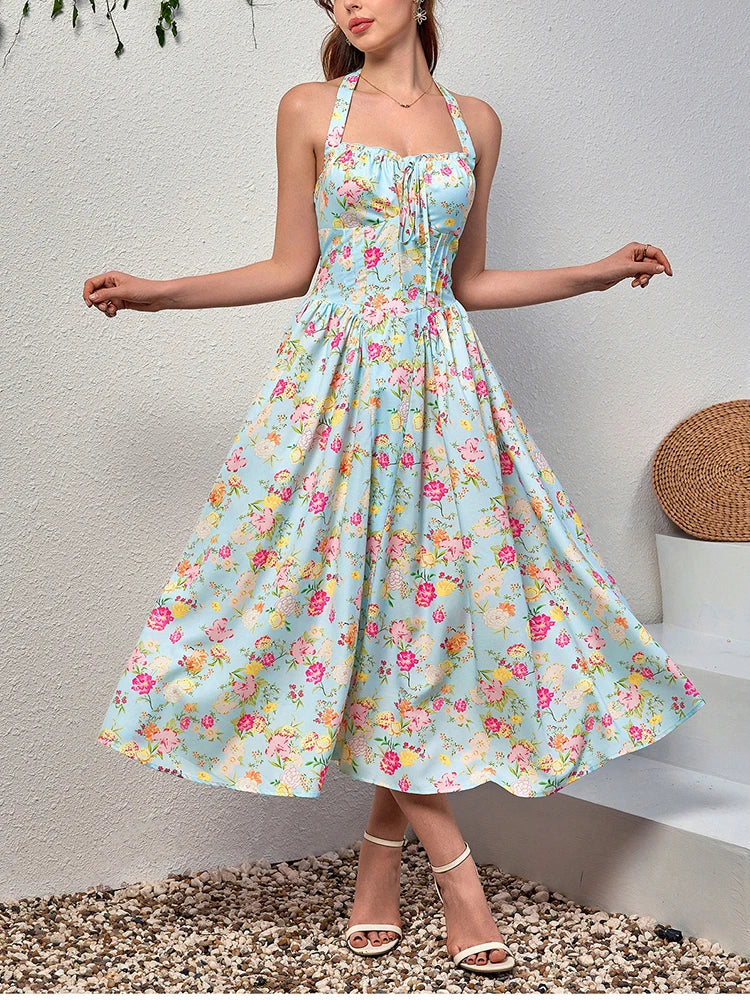 NewAsia Women's Halter Backless Print Floral Midi Corset Dress Spaghetti Straps Tie Up Fashion Casual Holiday Long Dresses Pink