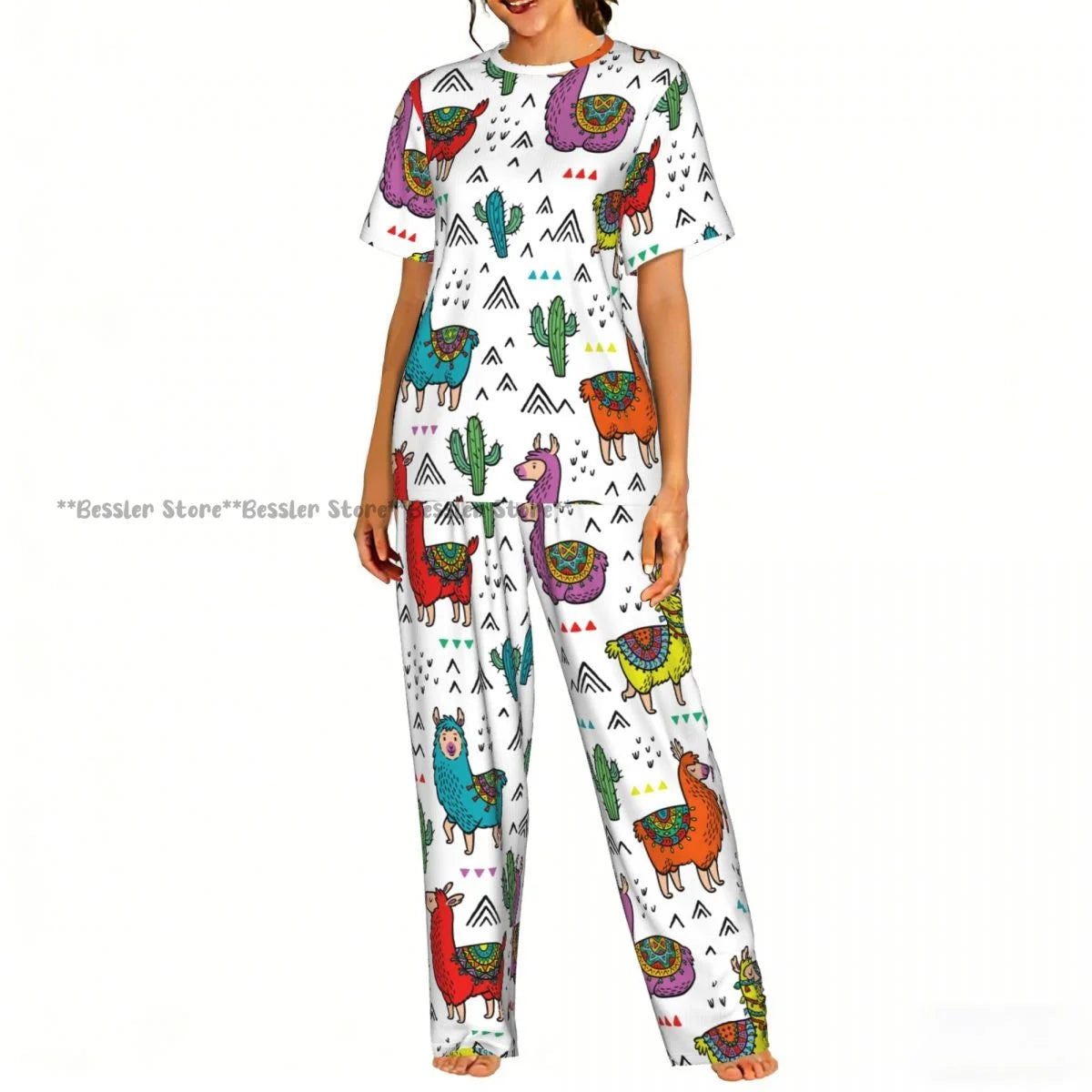 Women's 2-piece set You Are Llamazing Llama Pattern With Hearts Pajamas Short sleeved Top and Pants Sleepwear