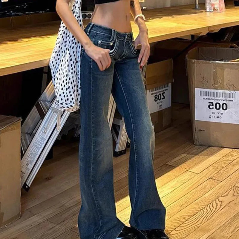 American Vintage Y2K Jeans for Women Sexy Slim Low-Waisted Wide Leg Denim Trousers Female Fashion Streetwear Flared Jean Pants