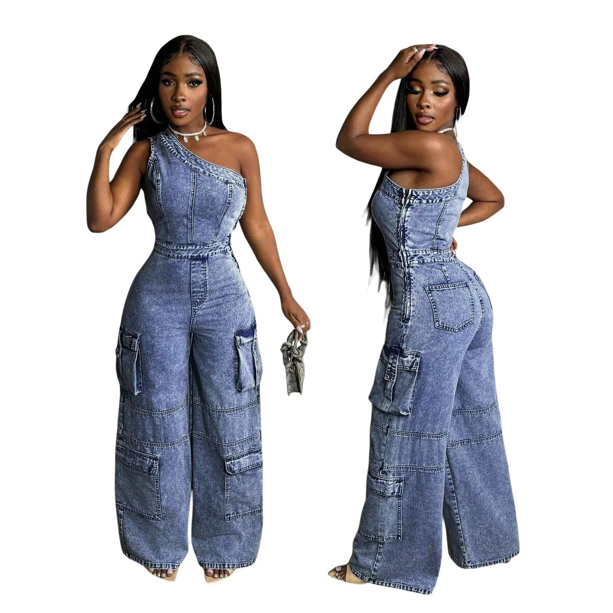 New Women Cargo Jean One Shoulder High Waist Wide Leg Pants Loose Safari Style Spliced Washed Distressed Pockets Jumpsuits