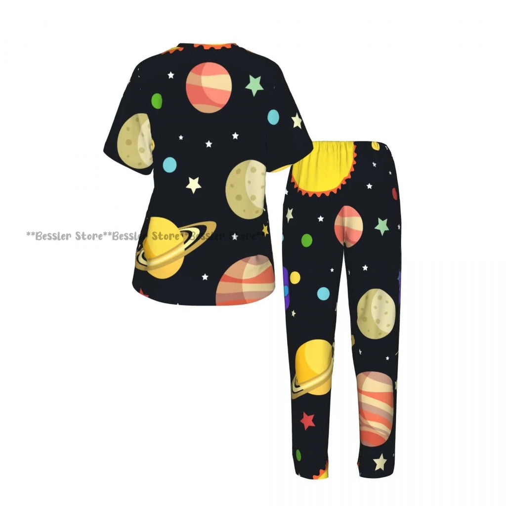Women's Pajamas Set Space Planets Stars Comets Constellations Short Sleeve Sleepwear 2 Piece Homewear Loungewear