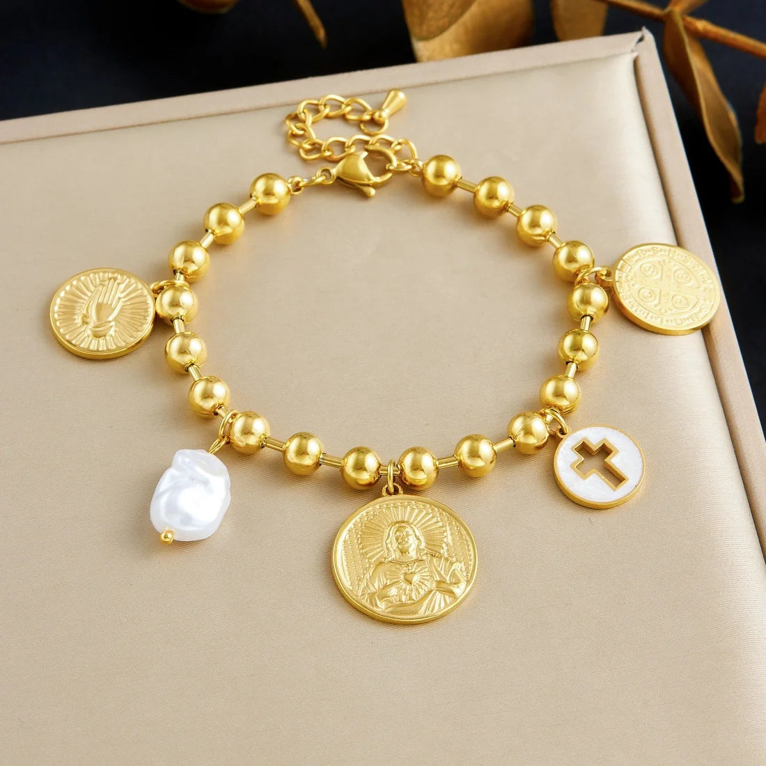 DIEYURO 316L Stainless Steel Retro Portrait Cross Palm Pearl Pendant Beads Necklace Bracelet Set Lady Fashion Waterproof Jewelry