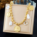 DIEYURO 316L Stainless Steel Retro Portrait Cross Palm Pearl Pendant Beads Necklace Bracelet Set Lady Fashion Waterproof Jewelry