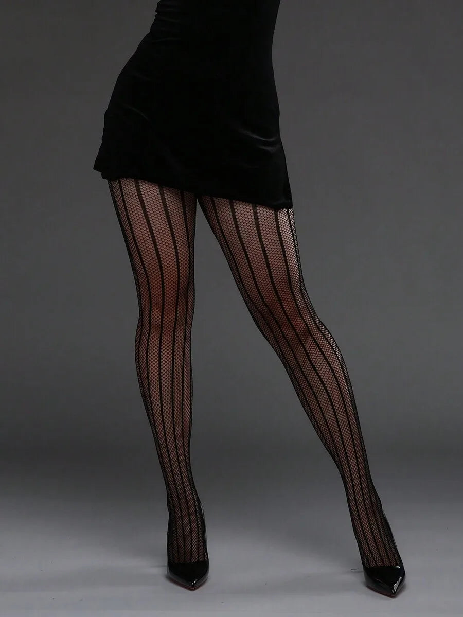 1pc Vertical Striped High Elasticity Fishnet Leggings, Sexy Tight Stockings Gothic Punk Fashion