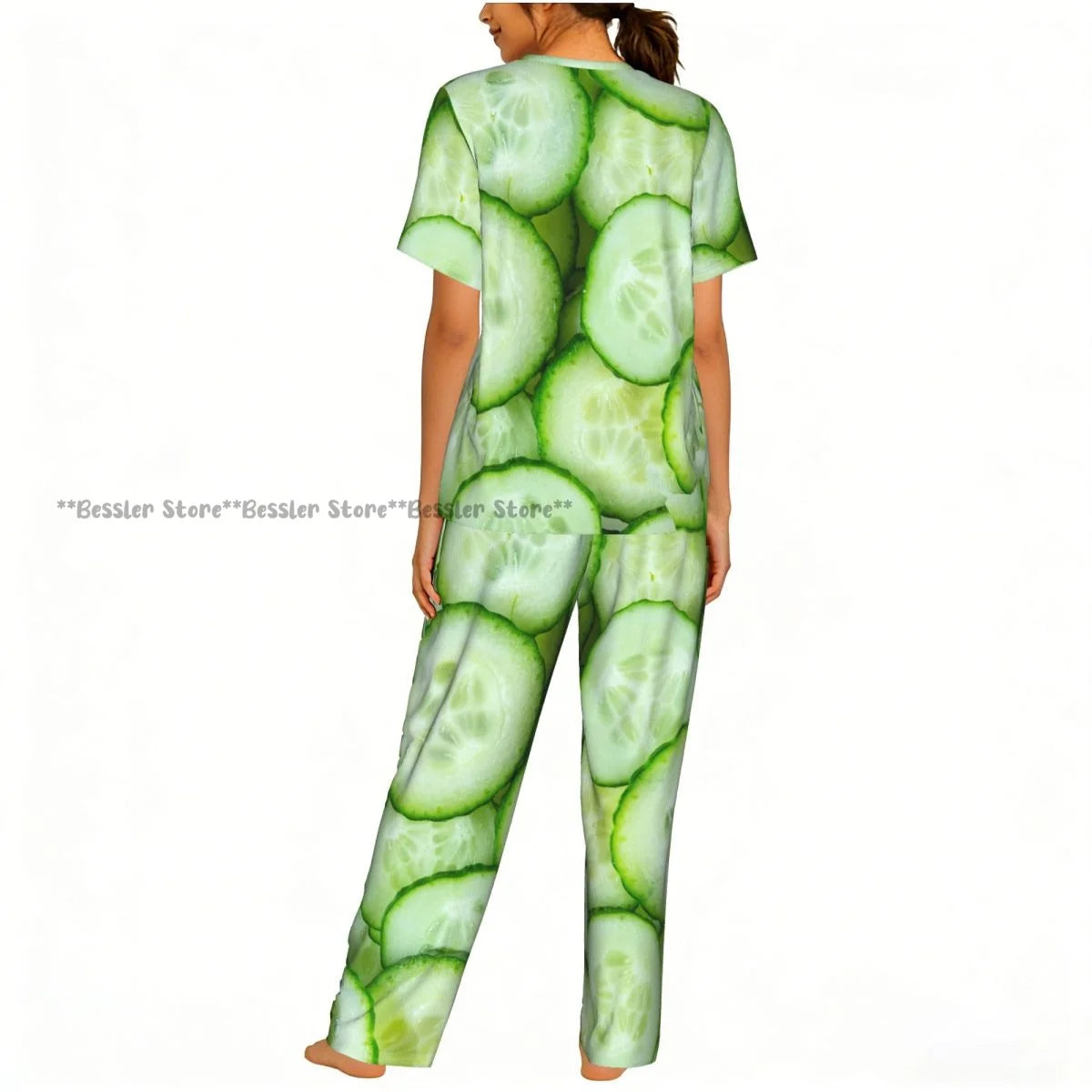Women Pajama Sets Lounge Sleepwear Cucumbers Cut Print Short Sleeve Nightwear