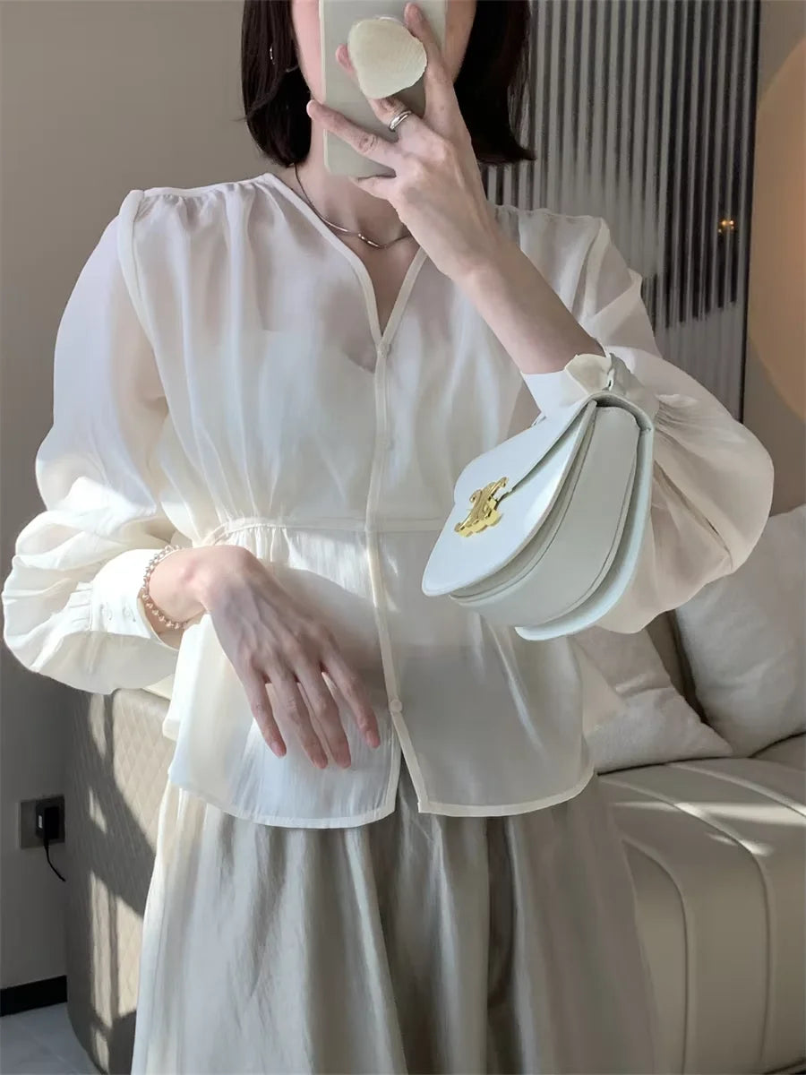 Summer Rayon New Female V-Neck Shirts Lantern Sleeves Loose Fit Versatile Office Lady Temperament Cozy Streetwear Coats Blouses
