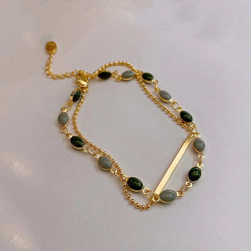 Beaded Chain Double Layered Adjustable Bracelet Vintage Blue Green Color Crystal Charm Baguette Bracelets for Women Jewelry