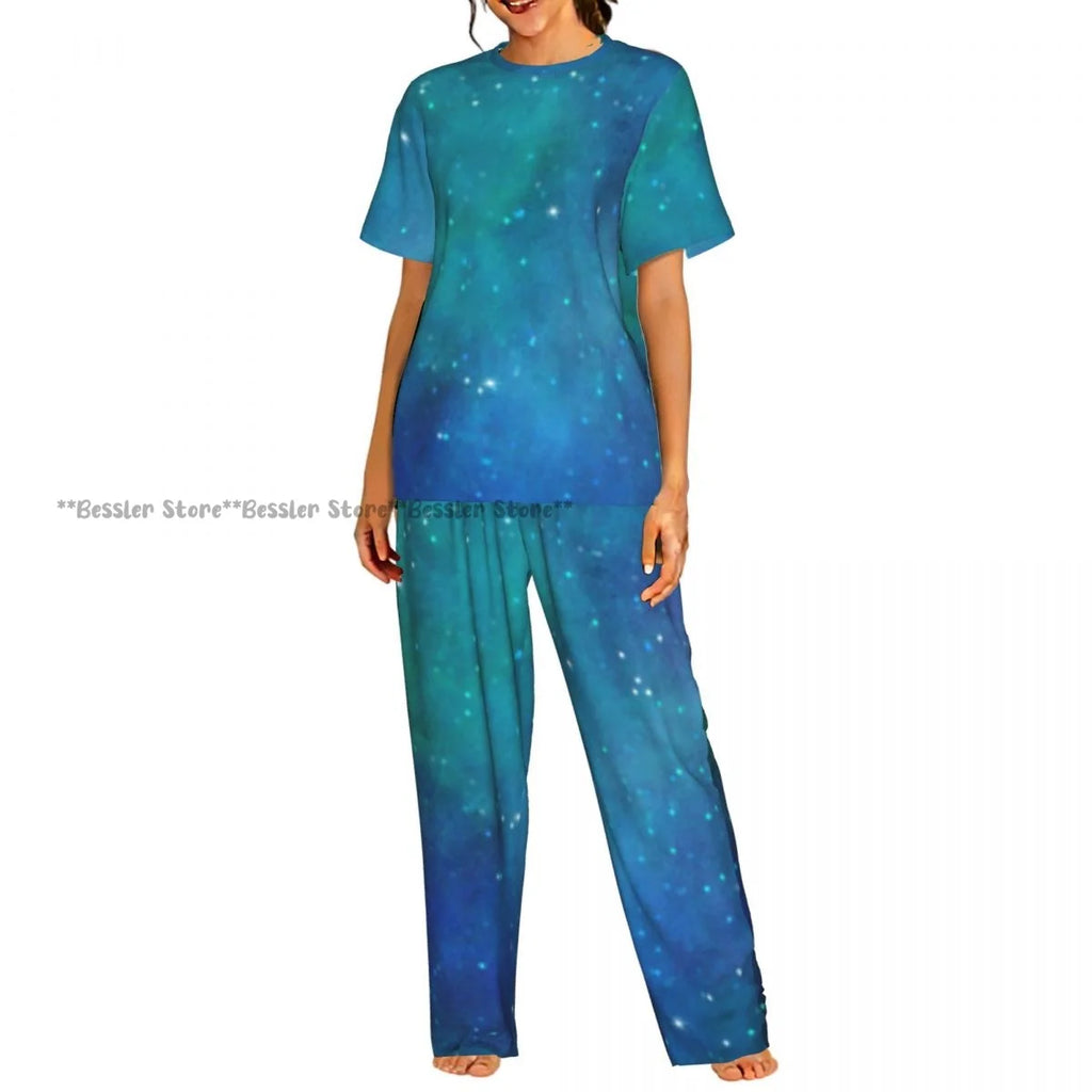 Women's Pajamas Set Space Planets Stars Comets Constellations Short Sleeve Sleepwear 2 Piece Homewear Loungewear