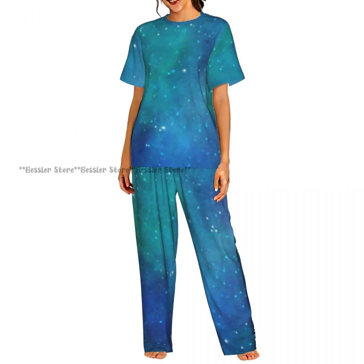 Women's Pajamas Set Space Planets Stars Comets Constellations Short Sleeve Sleepwear 2 Piece Homewear Loungewear