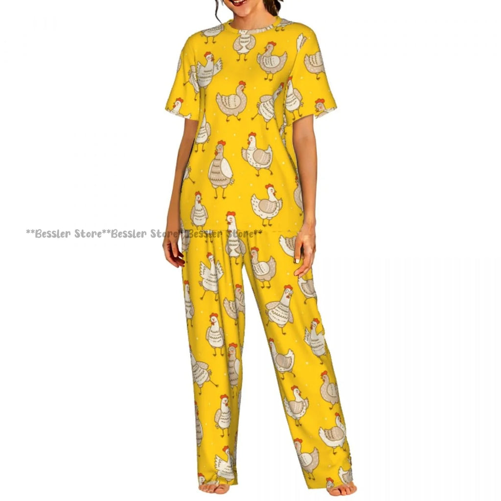Women's Comfort Pajamas Women's Rooster Hens And Chickens Background Short Sleeve Set Sleepwear