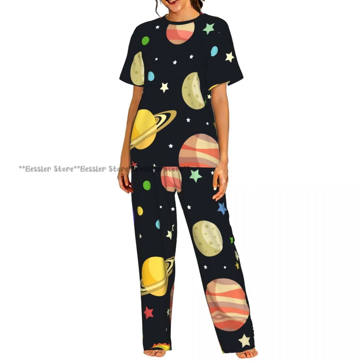 Women's Pajamas Set Space Planets Stars Comets Constellations Short Sleeve Sleepwear 2 Piece Homewear Loungewear