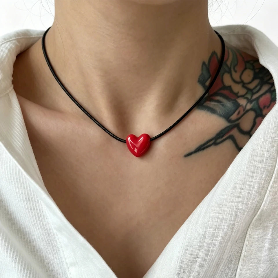 ZAKOL Korean Fashion Long Black Braided Cord Ceramic Heart Pendant Necklace Niche Retro Minimalist Elegant Choker for Women