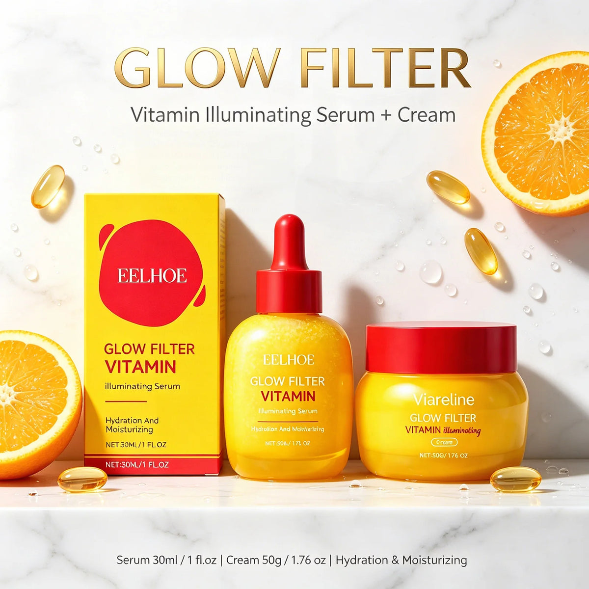 Korean Skincare Glow Filter Vitamin C-Peptide Illuminating Serum & Cream Set 30ml Serum + 50g Cream, Brightening & Hydrating Duo