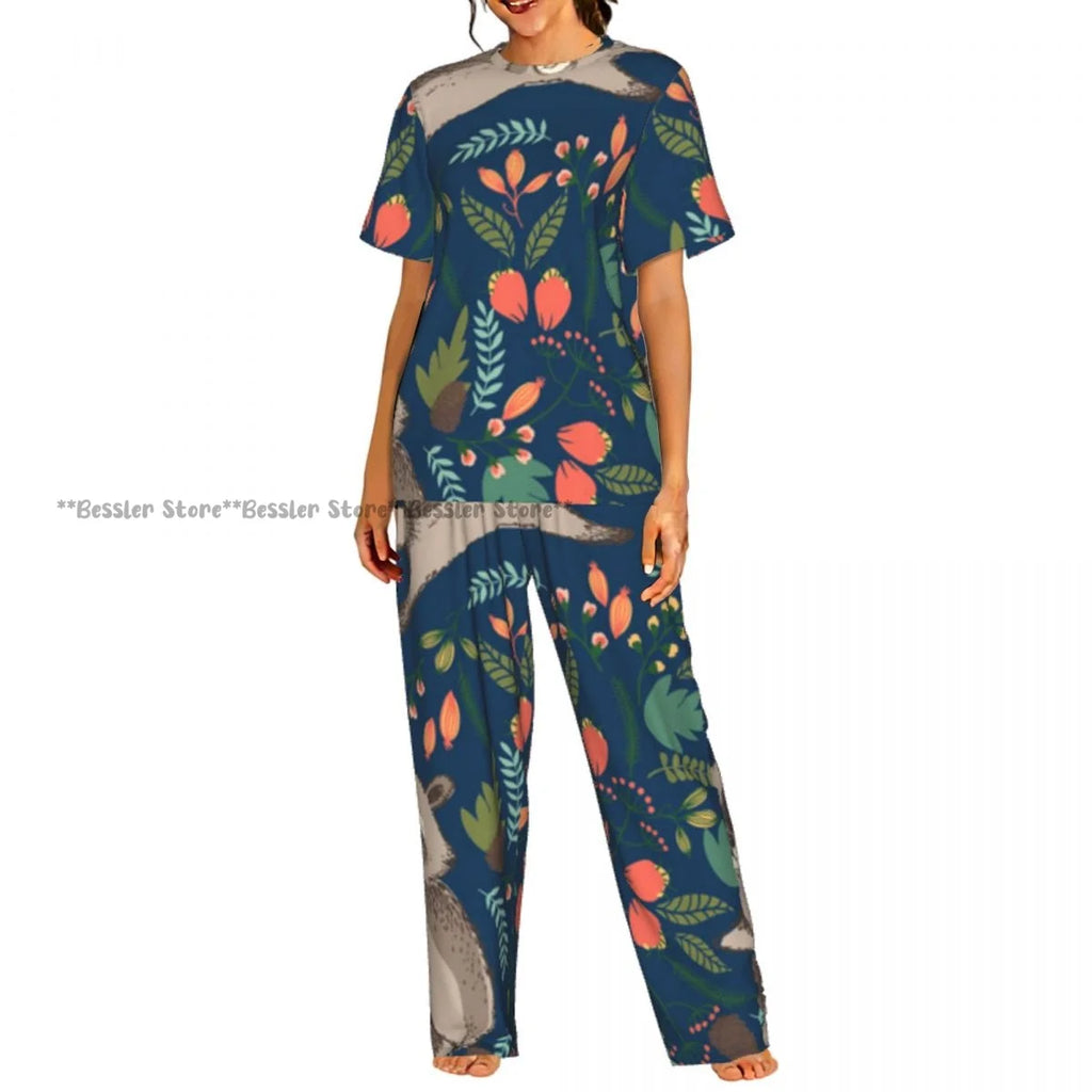 Women's Pajamas Set Tropical Flowers Short Sleeve Sleepwear 2 Piece Homewear Loungewear
