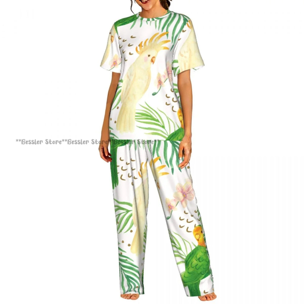 Women's Pajamas Set Tropical Flowers Short Sleeve Sleepwear 2 Piece Homewear Loungewear