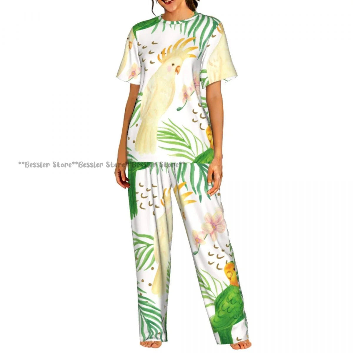 Women's Pajamas Set Tropical Flowers Short Sleeve Sleepwear 2 Piece Homewear Loungewear