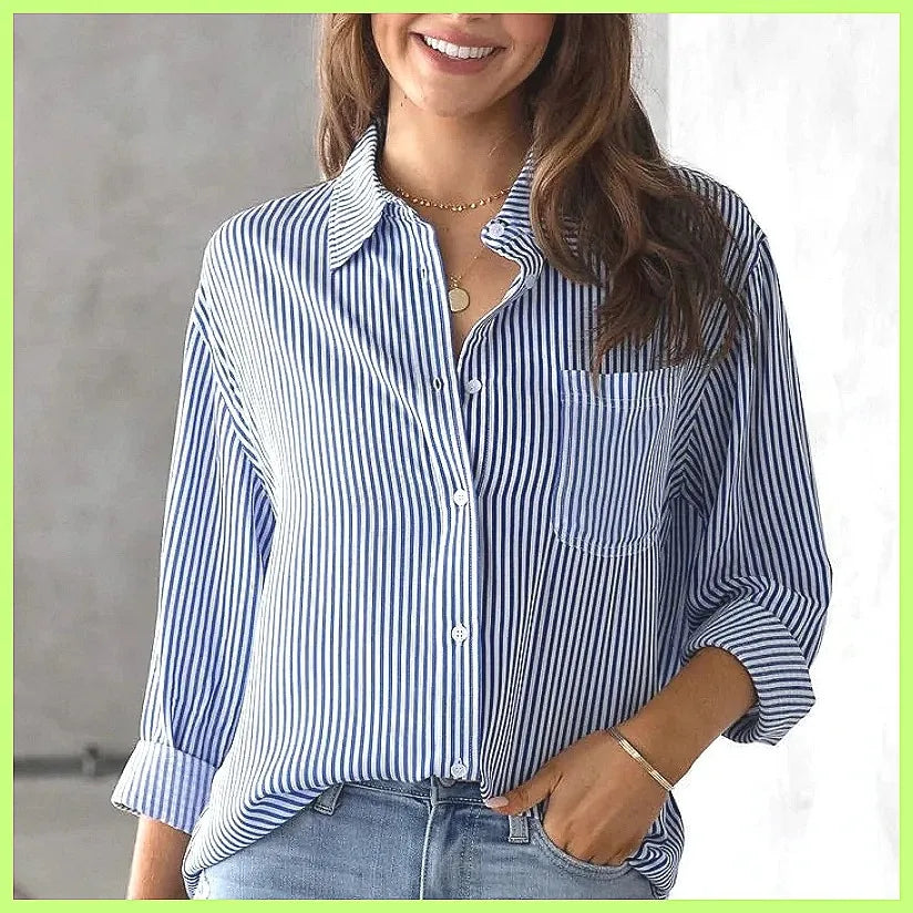 2025 New Striped Oversized Cotton Top, Elegant Lapel Long Sleeve Loose Casual Blouse for Women