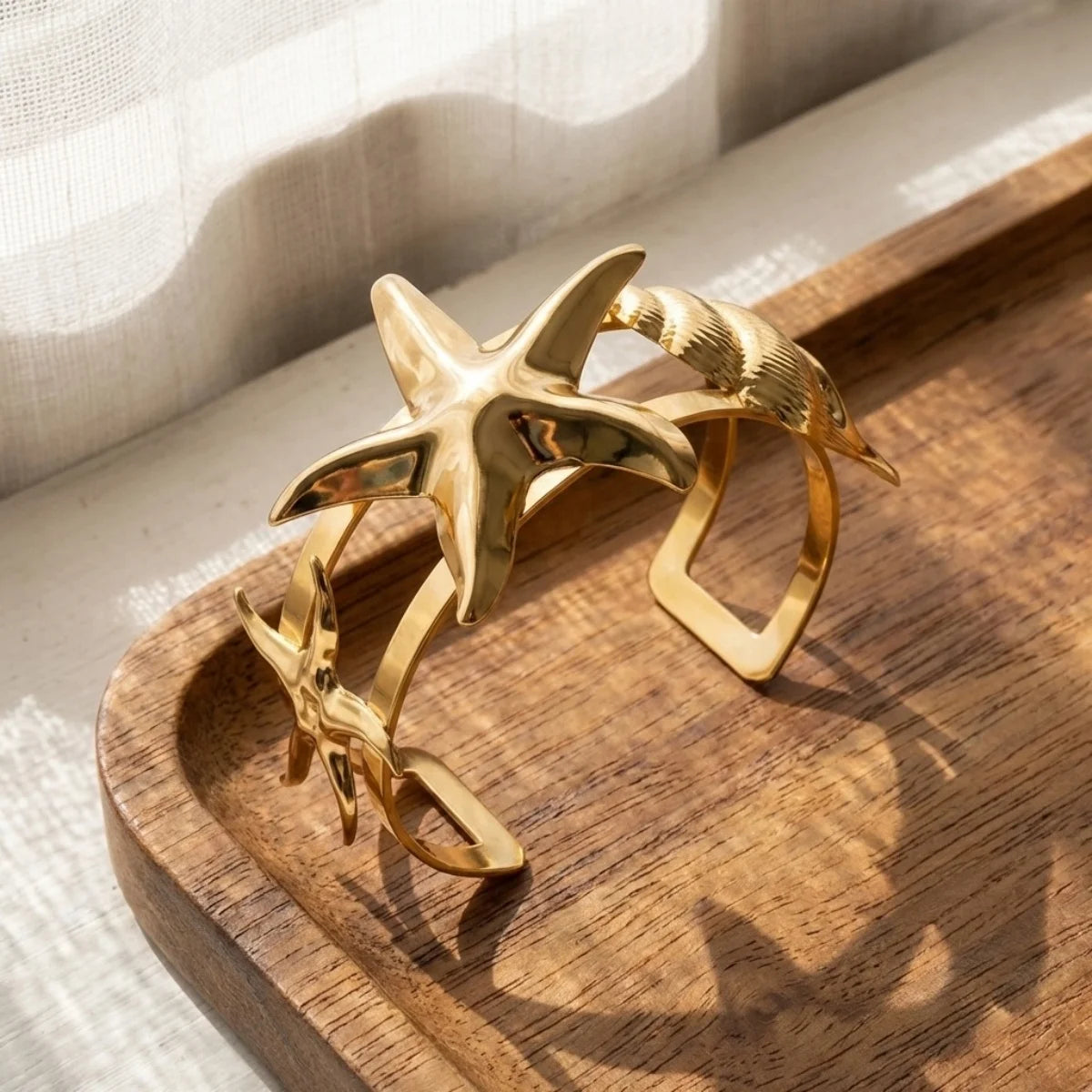 Summer Vacation Exaggerated Metal Starfish Shell Conch Bracelets For Women Men Big Sea Star Opening Bangle Beach Party Jewelry