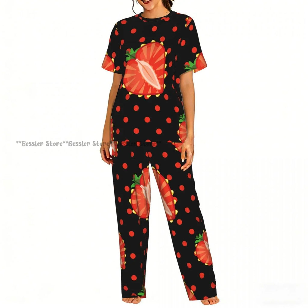 Women's Pajamas Set Strawberry Illustration Short Sleeve Sleepwear 2 Piece Homewear Loungewear