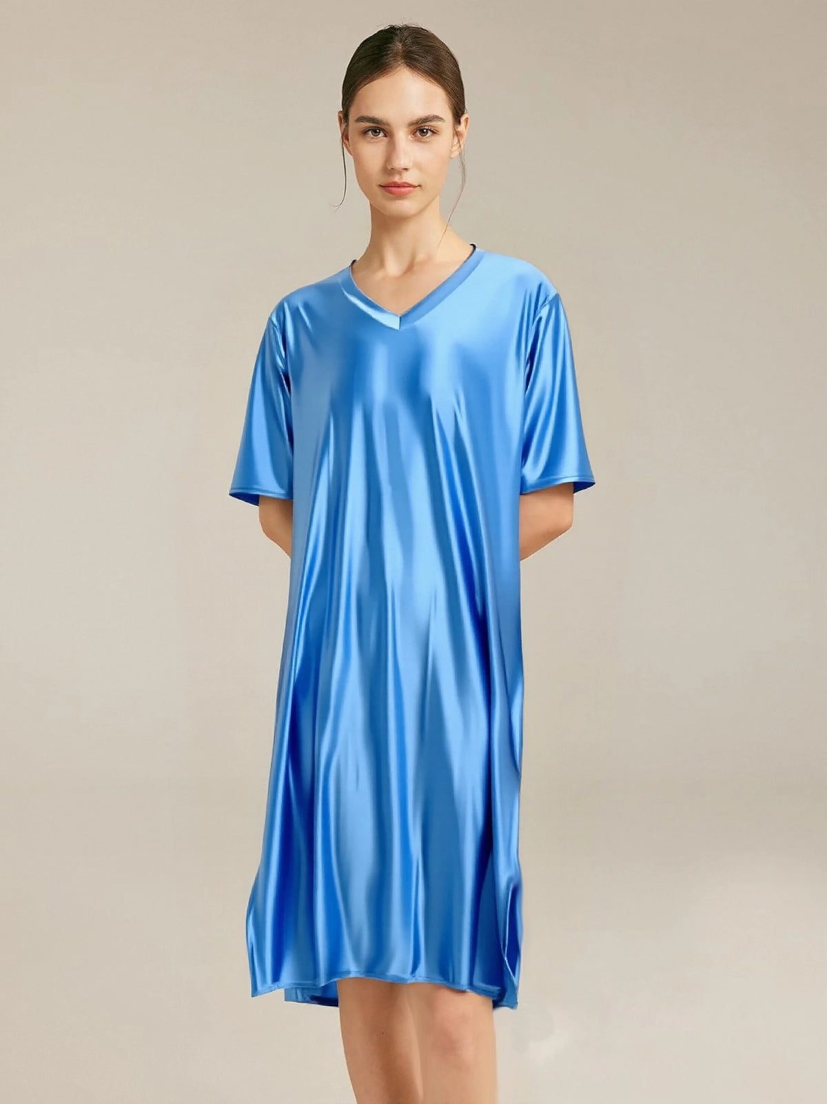Women's Glossy Soft Silky Long Dress High Stretch V-neck Long Sleeve Loose Casual Nightgown Comfortable plus Size Home Wear