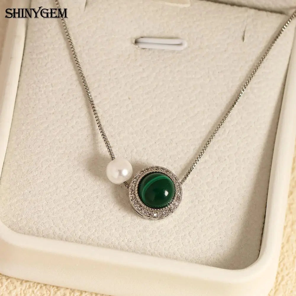 ShinyGem Woman 12 mm Natural Malachite & Pearl Pendant Zircon Accented Green Crystal Gemstone Jewelry Platinum Plated Necklace