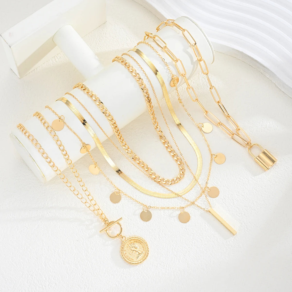 6pcs/3pcs Vintage Elegant Fashion Multi-Element Portrait Coin Cross Lock OT Buckle Pendant Hollow Chain Layered Necklace Set New