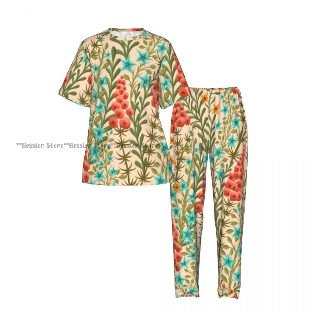 Women's Floral Flowers And Leaves short sleeve trousers casual pajamas set
