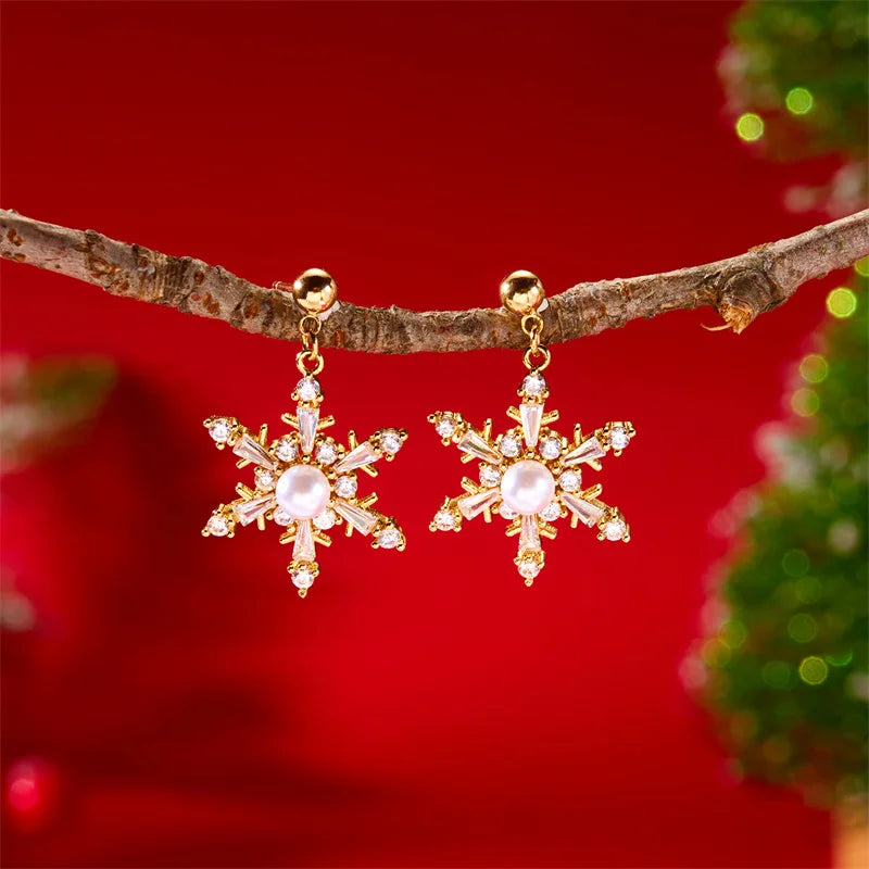 Christmas Rhinestone Snowflake Drop Earrings for Women Fashion Imitation Pearl Stud Earring Girls New Year Party Jewelry Gifts