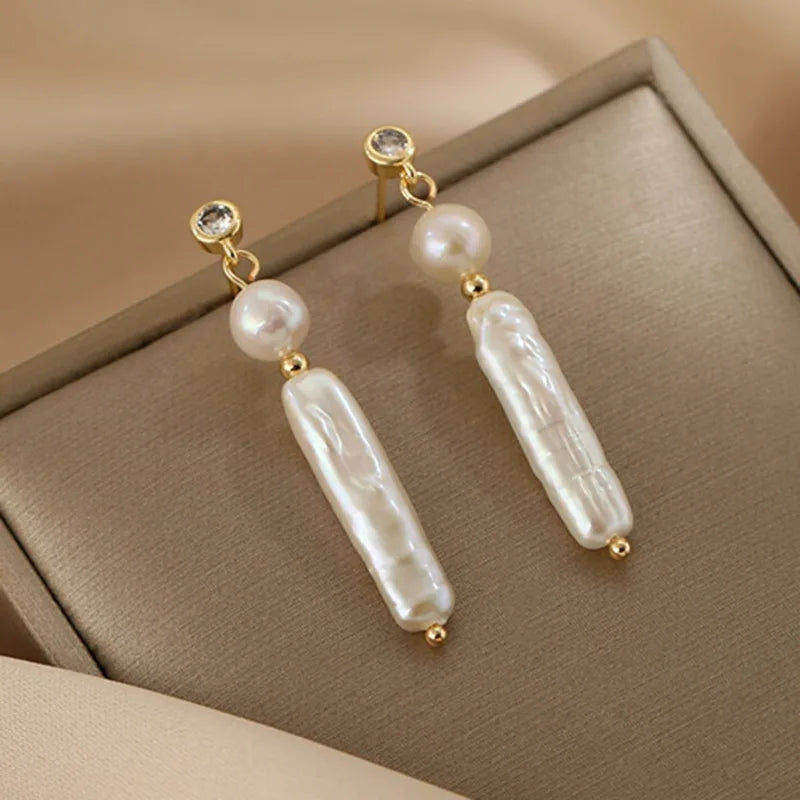 Minar Delicate Round CZ Cubic Zircon Freshwater Pearl Beads Tassel Long Dangle Earrings for Women 14K Real Gold Plated Copper