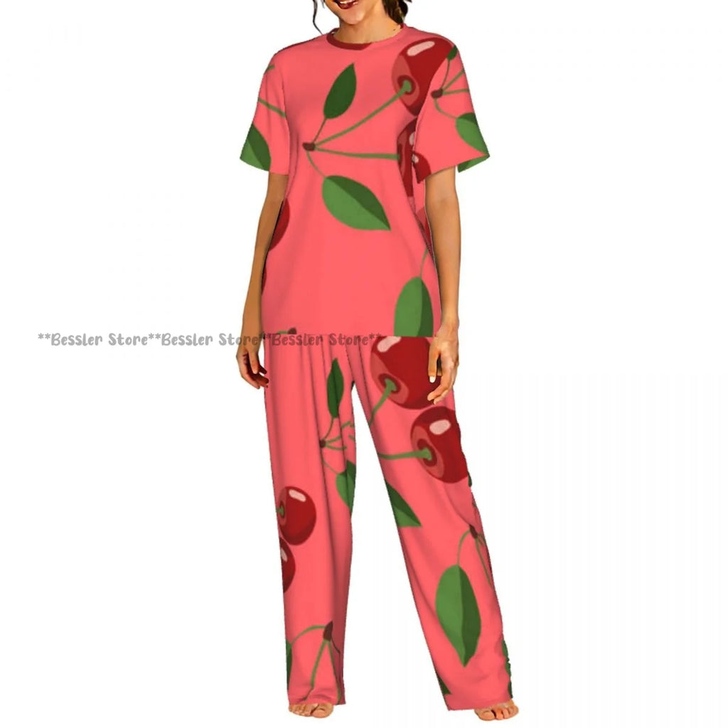 Women's 2-piece set Cherry Spring Flower Pajamas Short sleeved Top and Pants Sleepwear