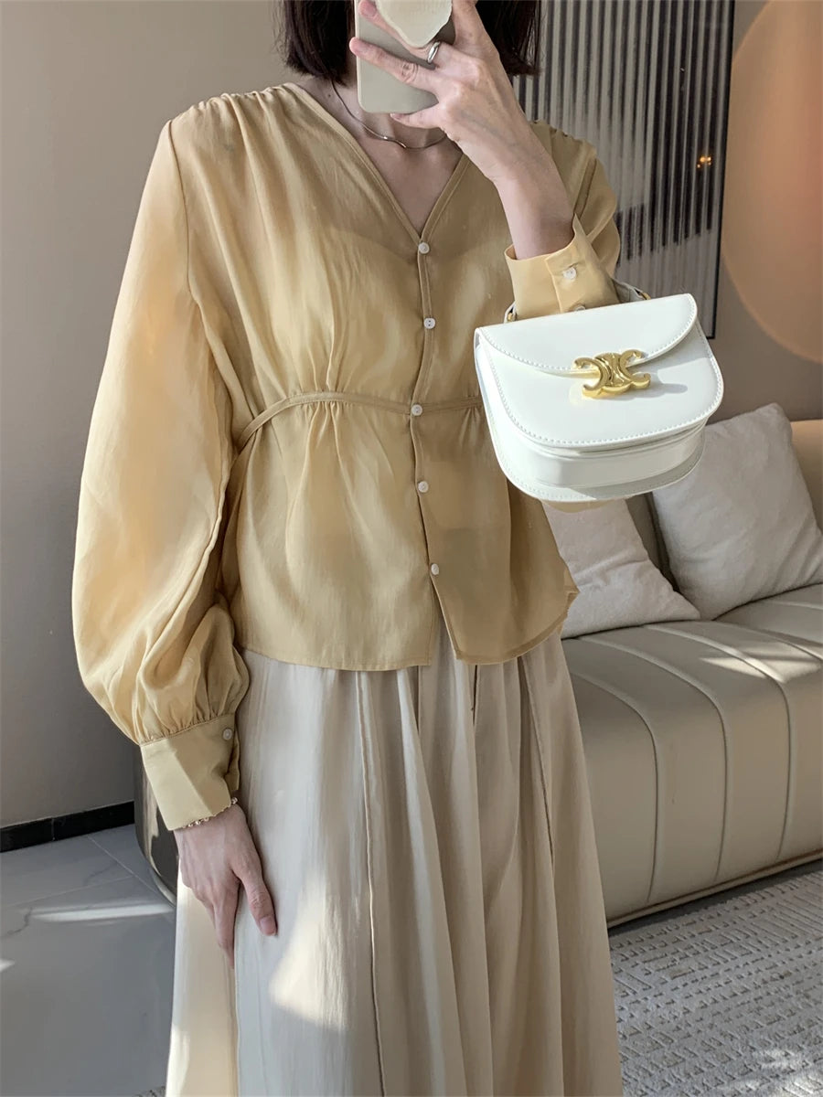 Summer Rayon New Female V-Neck Shirts Lantern Sleeves Loose Fit Versatile Office Lady Temperament Cozy Streetwear Coats Blouses
