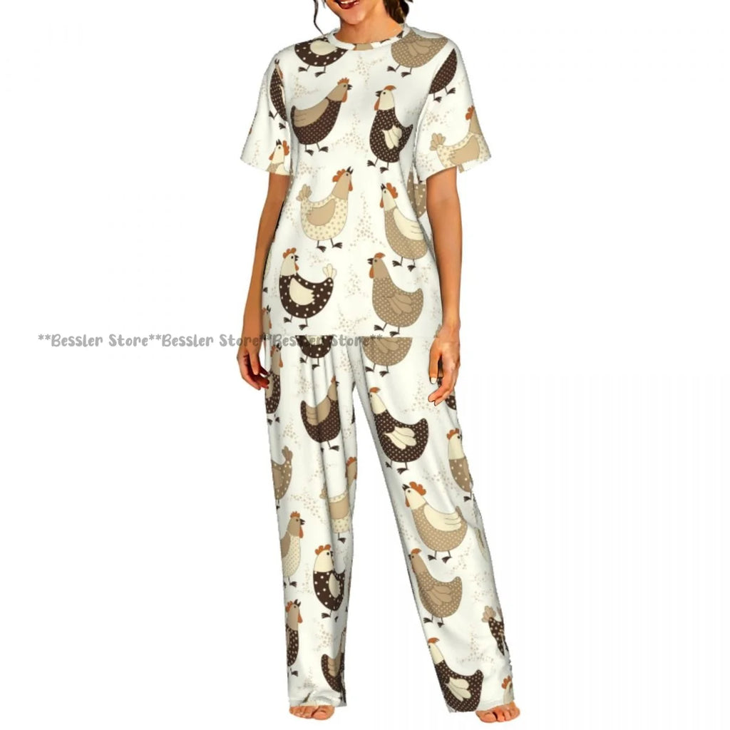 Women Pajama Sets Lounge Sleepwear Crispy Fried Chicken Pattern Short Sleeve Nightwear