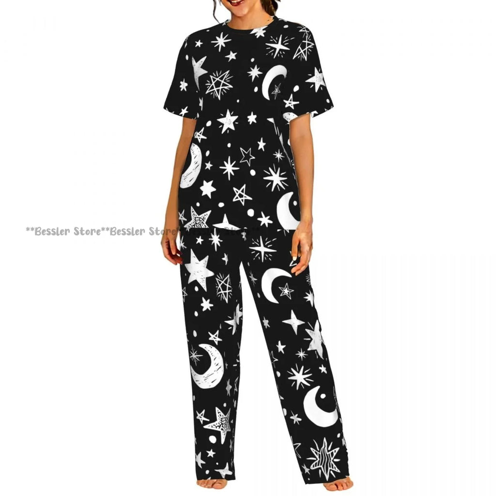 Women's 2-piece set Gold Stars And Planets Pajamas Short sleeved Top and Pants Sleepwear