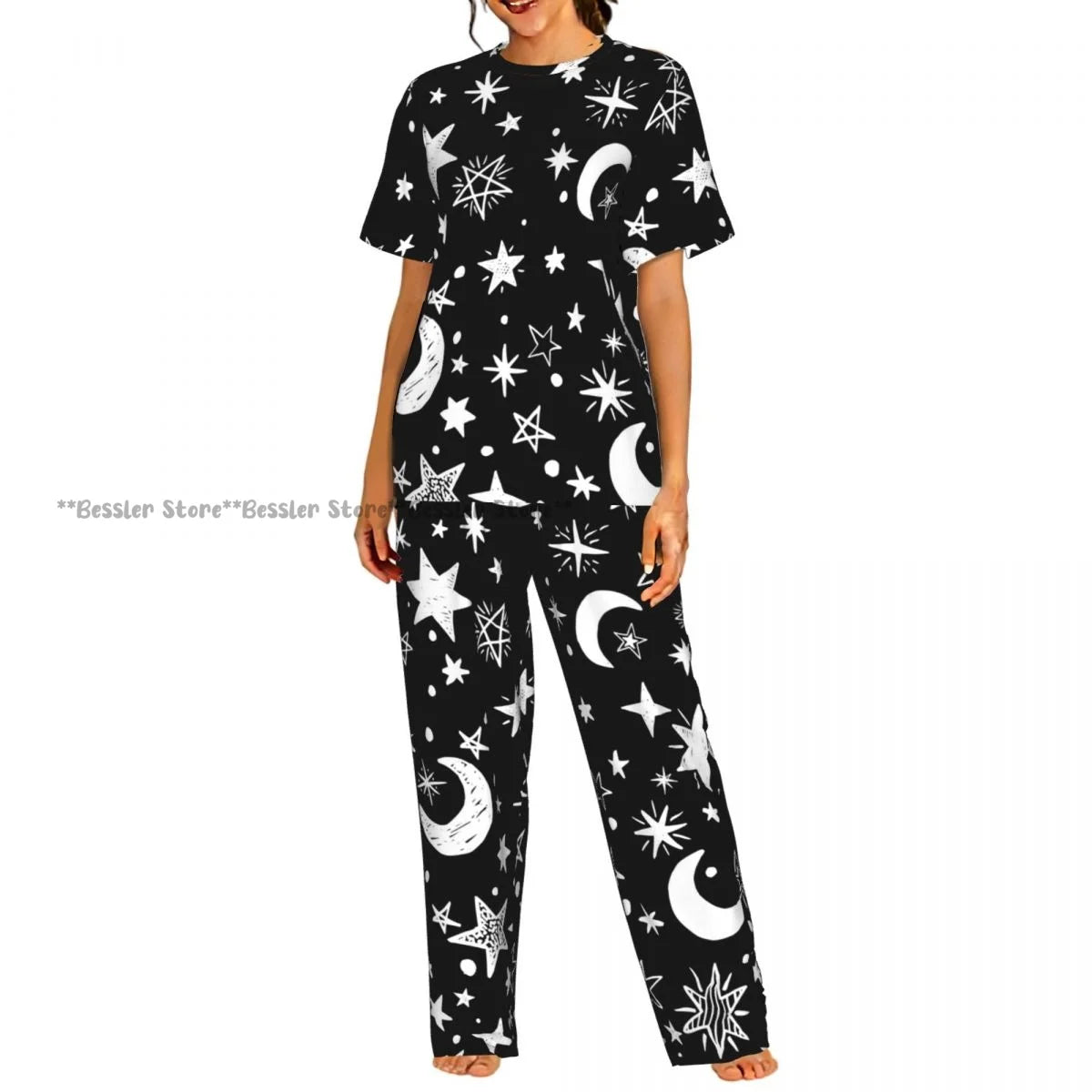 Women's 2-piece set Gold Stars And Planets Pajamas Short sleeved Top and Pants Sleepwear