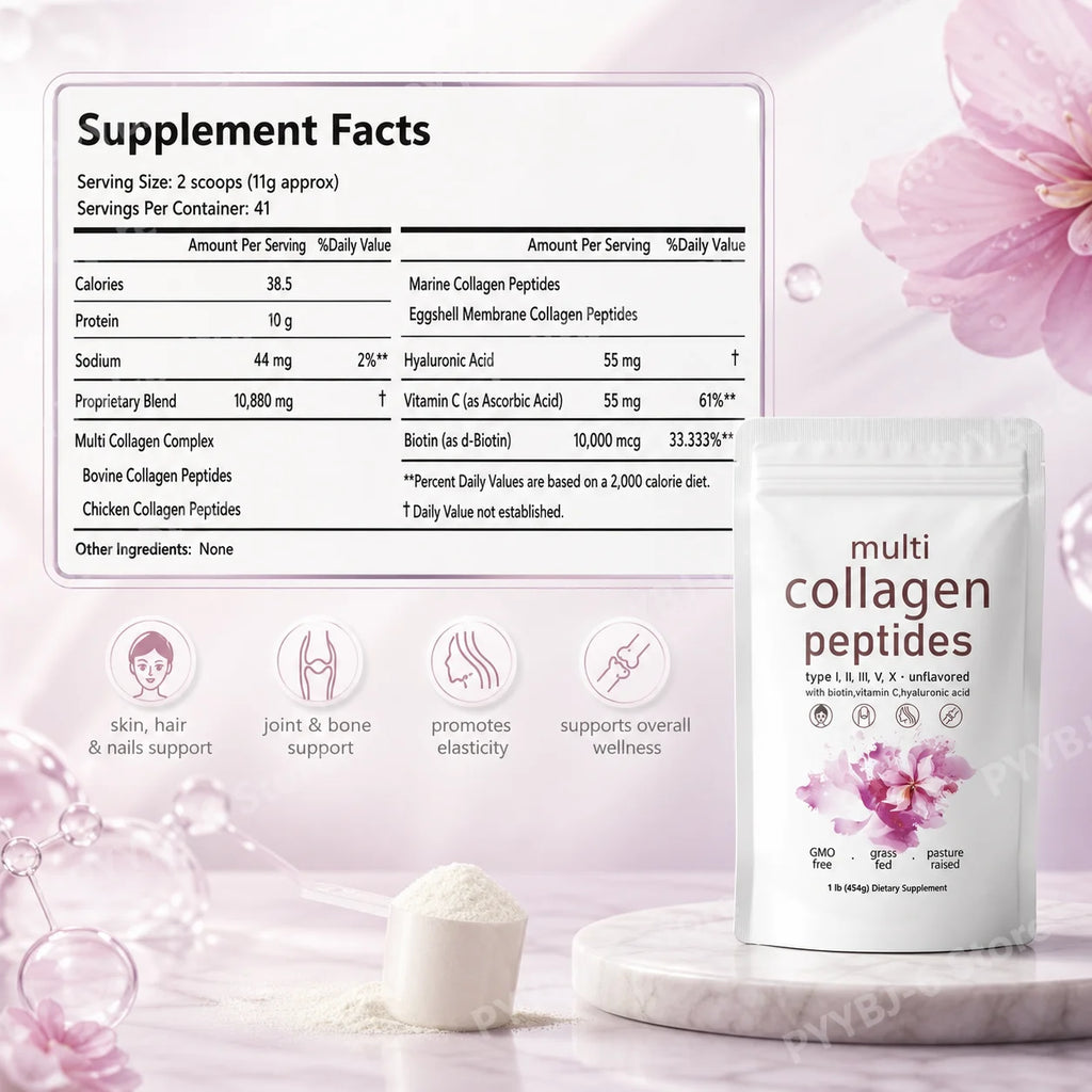 Multi Collagen Peptides Powder 454g Unflavored Collagen Blend with Vitamin C Biotin Hyaluronic Acid Skin Hair Nails Support