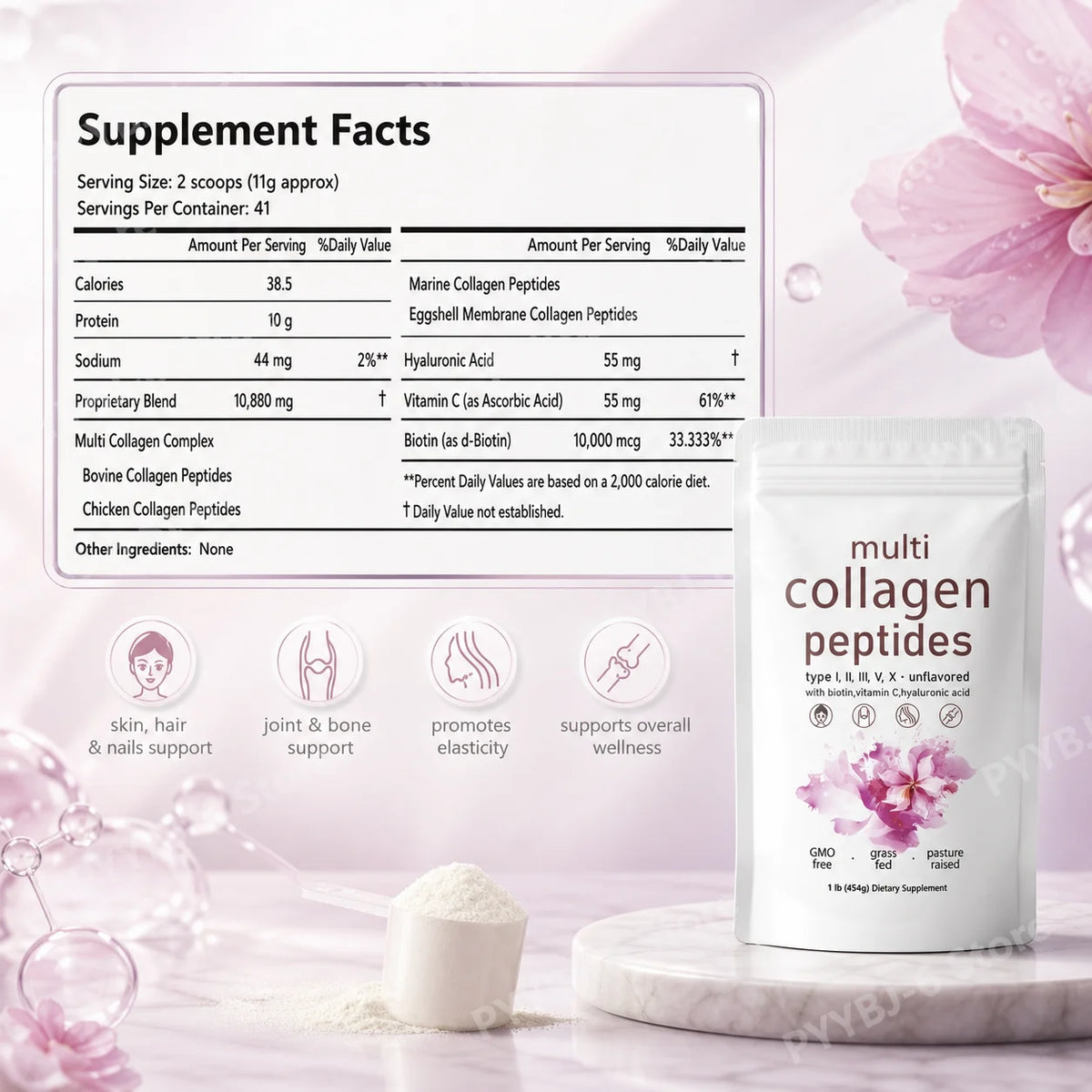 Multi Collagen Peptides Powder 454g Unflavored Collagen Blend with Vitamin C Biotin Hyaluronic Acid Skin Hair Nails Support
