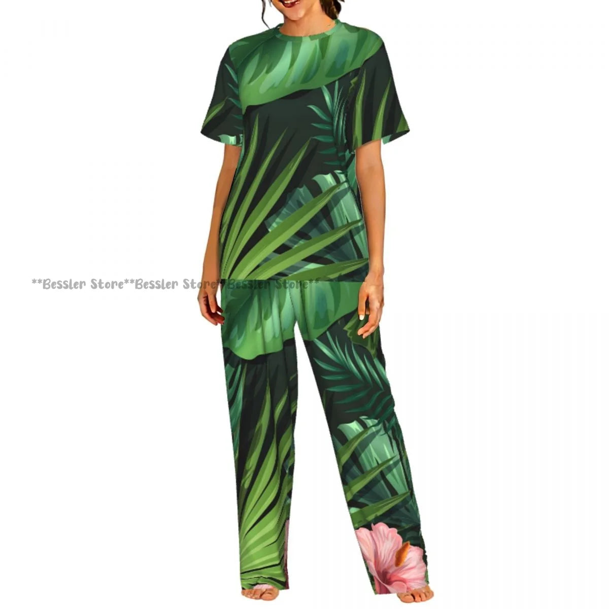 Women's Pajamas Set Tropical Flowers Short Sleeve Sleepwear 2 Piece Homewear Loungewear