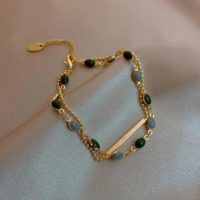 Beaded Chain Double Layered Adjustable Bracelet Vintage Blue Green Color Crystal Charm Baguette Bracelets for Women Jewelry