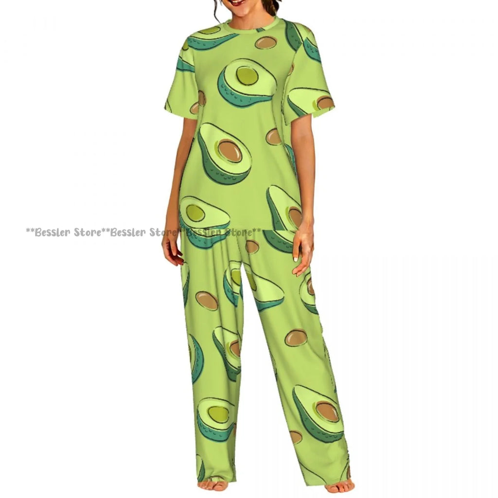 Women Pajama Sets Lounge Sleepwear Avocado Character Short Sleeve Nightwear