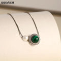 ShinyGem Woman 12 mm Natural Malachite & Pearl Pendant Zircon Accented Green Crystal Gemstone Jewelry Platinum Plated Necklace