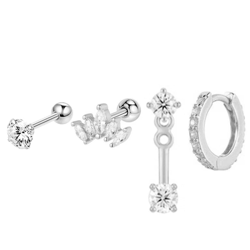 4PCS Stainless Steel Circle Huggie Hoop Earrings Set for Women Gold Color Unique Zircon Flower Stud Earring Piercing Jewelry