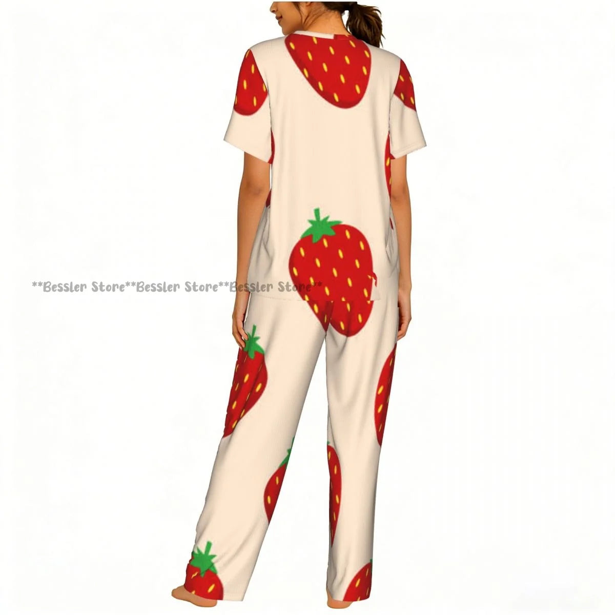 Women's Pajamas Set Strawberry Illustration Short Sleeve Sleepwear 2 Piece Homewear Loungewear