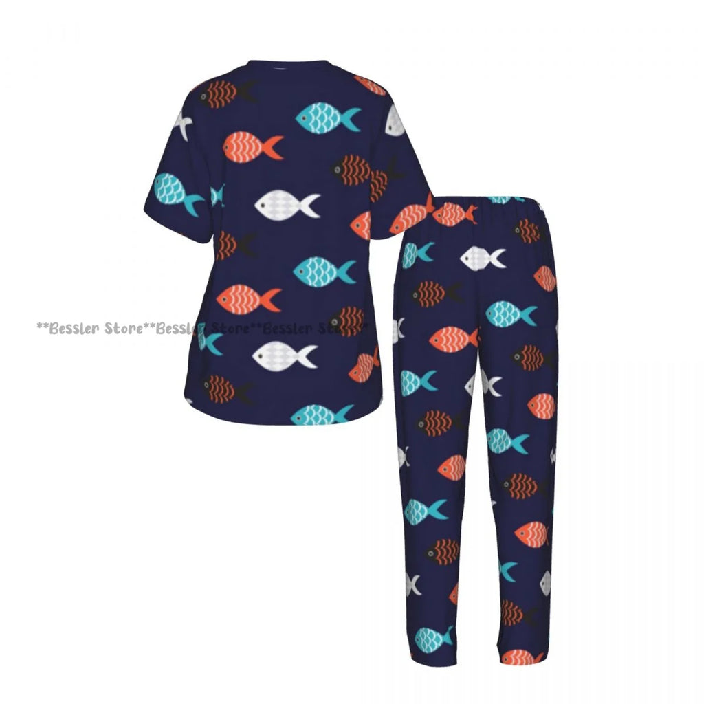 Women's Colorful Fish Pattern short sleeve trousers casual pajamas set
